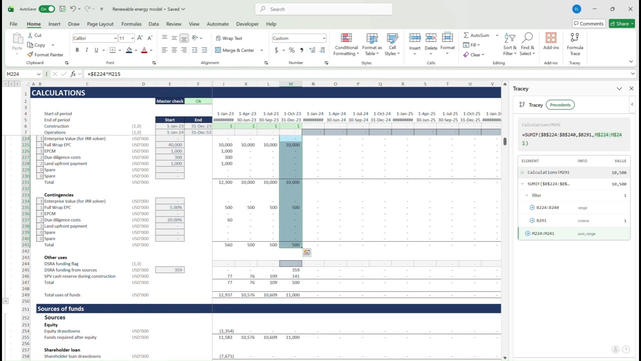 Tracey task pane open in Excel showing a traced formula with highlighted precedent cells